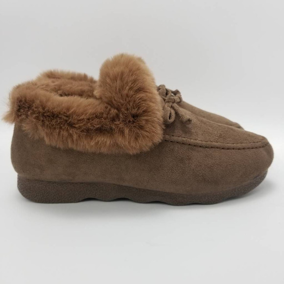 Moccasin Booties Womens Cognac Brown Bow Slip On Faux Fur Trim 8.5 New - Picture 1 of 12